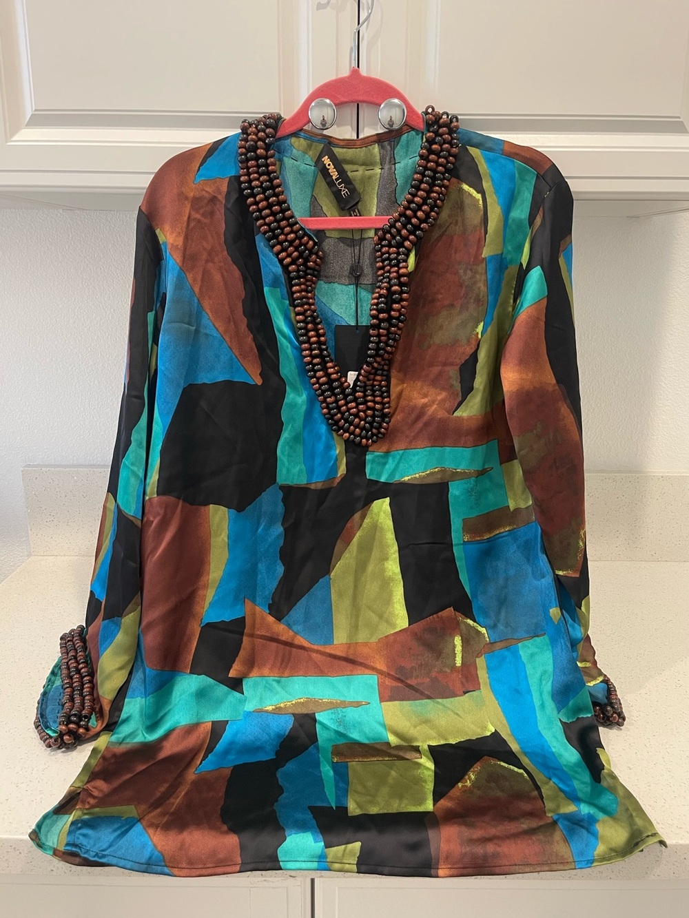Fashion Nova Multicolor Abstract V-Neck Mini Dress/ blouse - Teal, Brown, Black